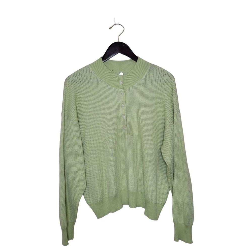 Margaret O'Leary Size L Mint Green Button Front Waffle Knit Henley Sweater Top